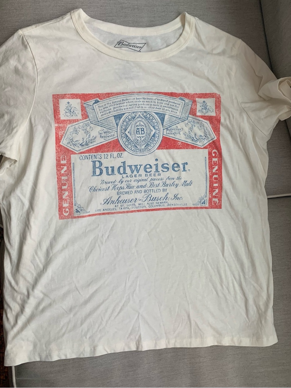 Budweiser White Short Sleeve Tee with Red and Blue Label Print